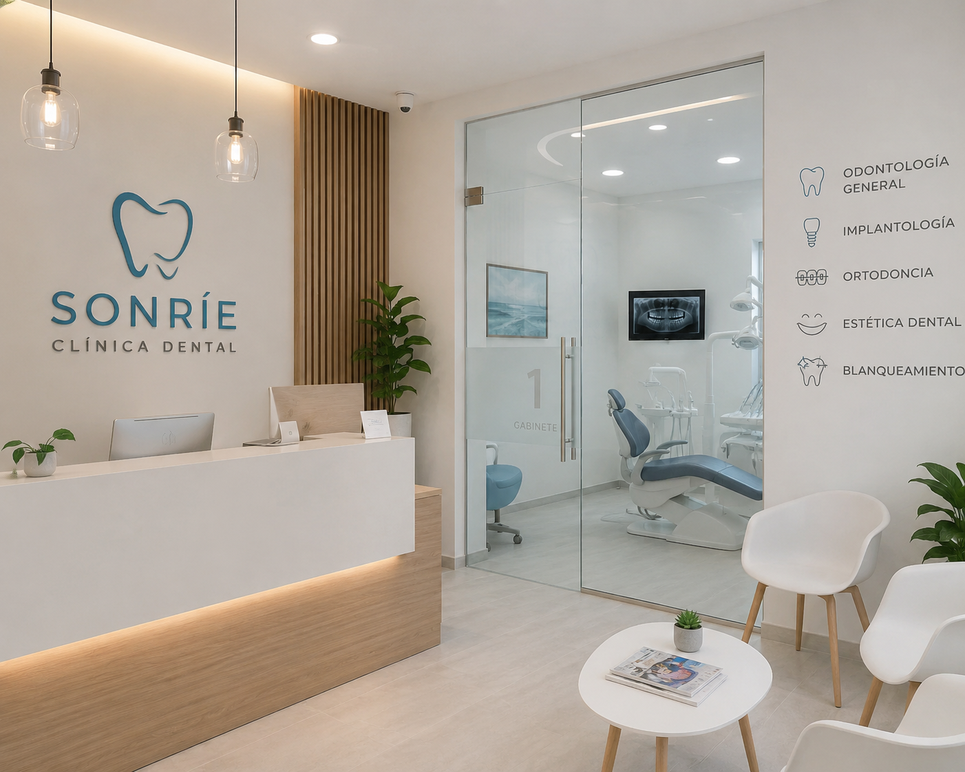 Clínica dental moderna con recepción iluminada