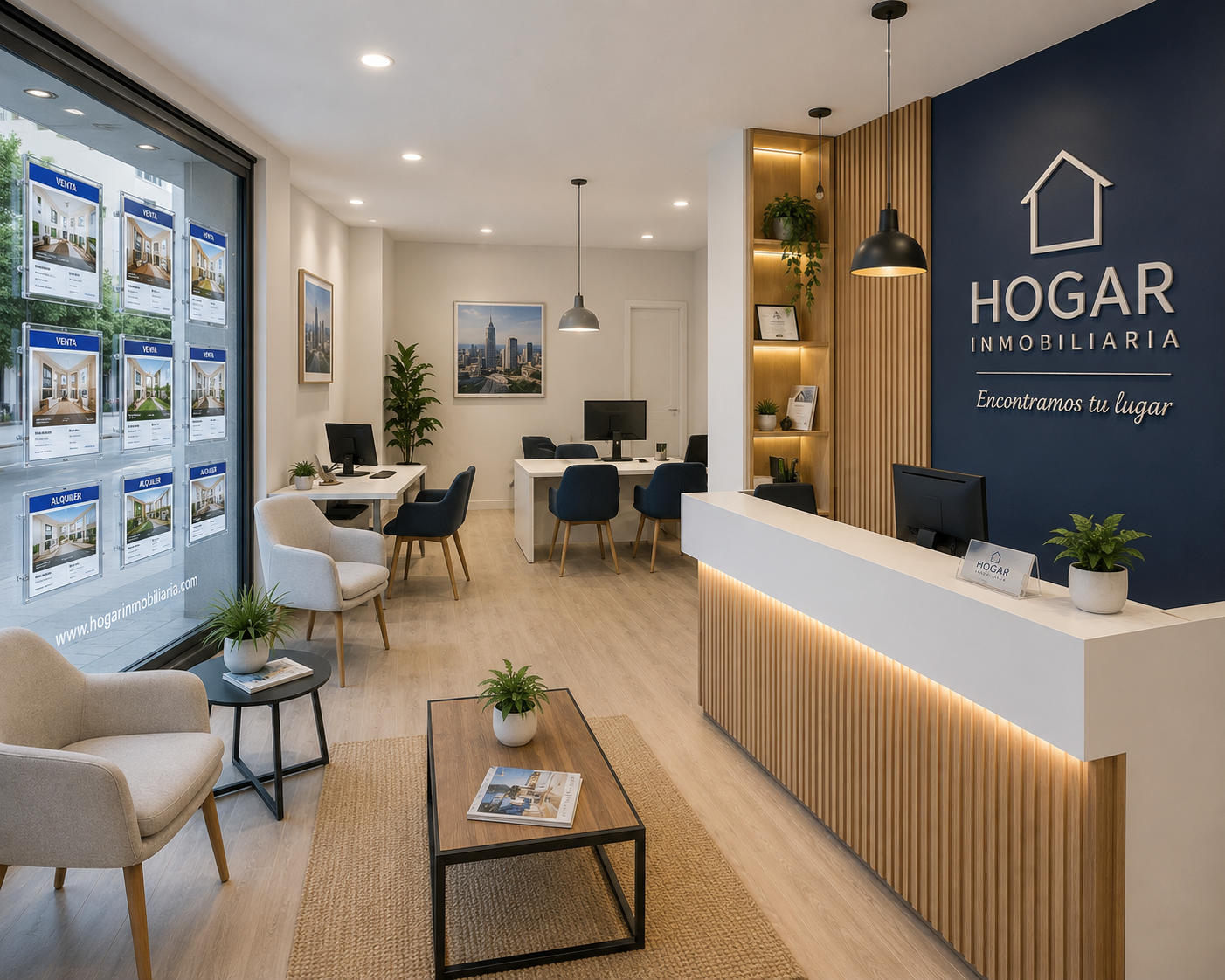Oficina inmobiliaria moderna en Madrid con rascacielos